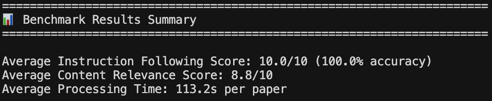 Benchmark Performance Summary.